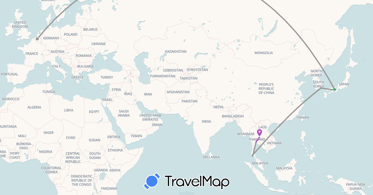 TravelMap itinerary: driving, bus, plane, train in Belgium, Japan, South Korea, Thailand (Asia, Europe)